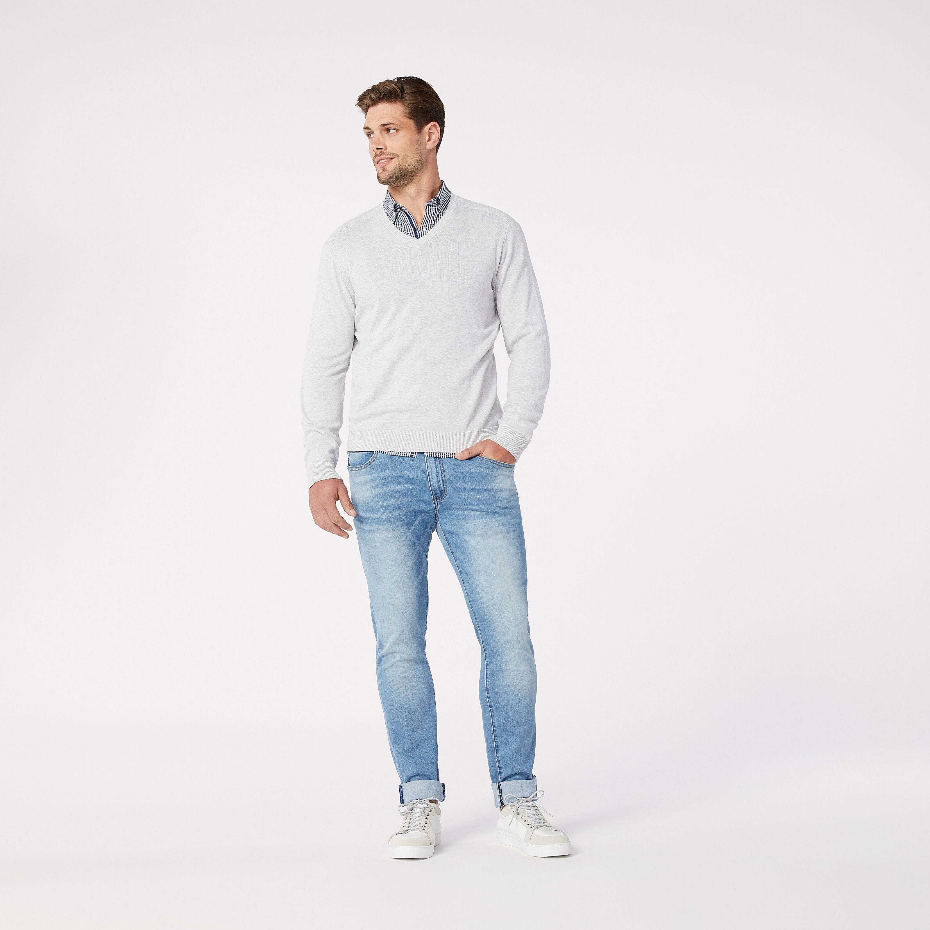 Penrose Lt Grey Mens Cotton Knitwear V Neck Knitwear Politix